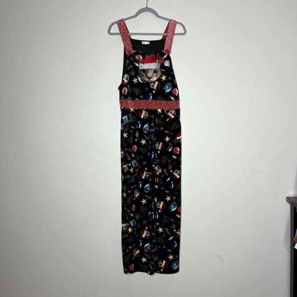 Love On A Hanger Overalls Womens Large‎ Black Velour Christmas Kitty Cat Santa - Picture 5 of 14